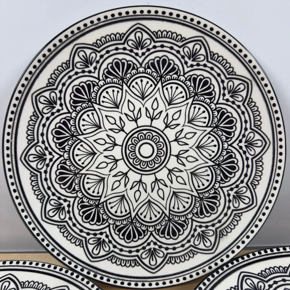 Royal Norfolk Black White Mandala Dinner Plates Set of 4 Stoneware 10.5 Inch